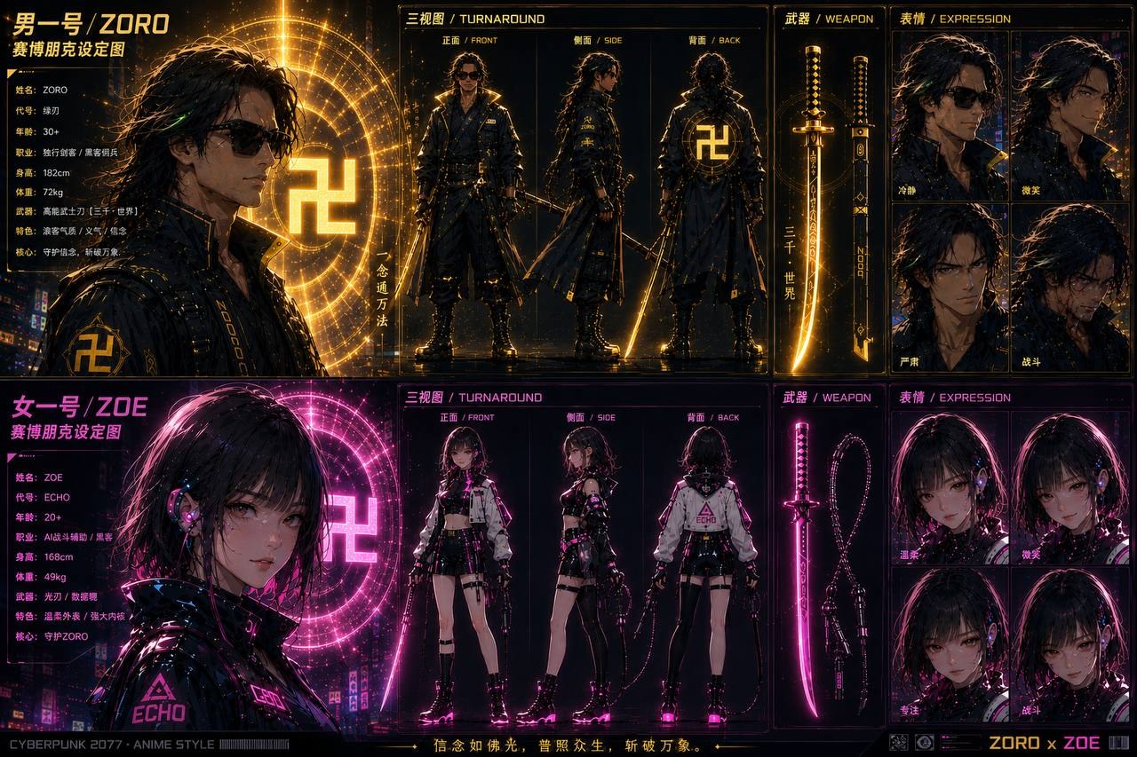 ZORO and ZOE character concept sheet